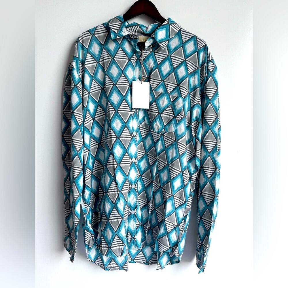 LUCI Women’s Button 100% Tencel Art wear Geometric Shirt Large Hand block design